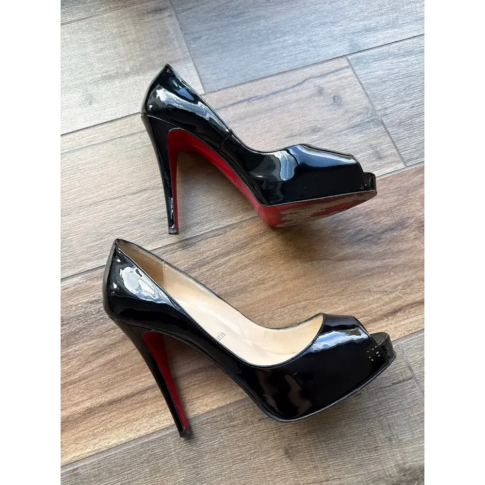 Christian Louboutin Very Prive 120 Black Patent Peep Toe Pumps 36.5